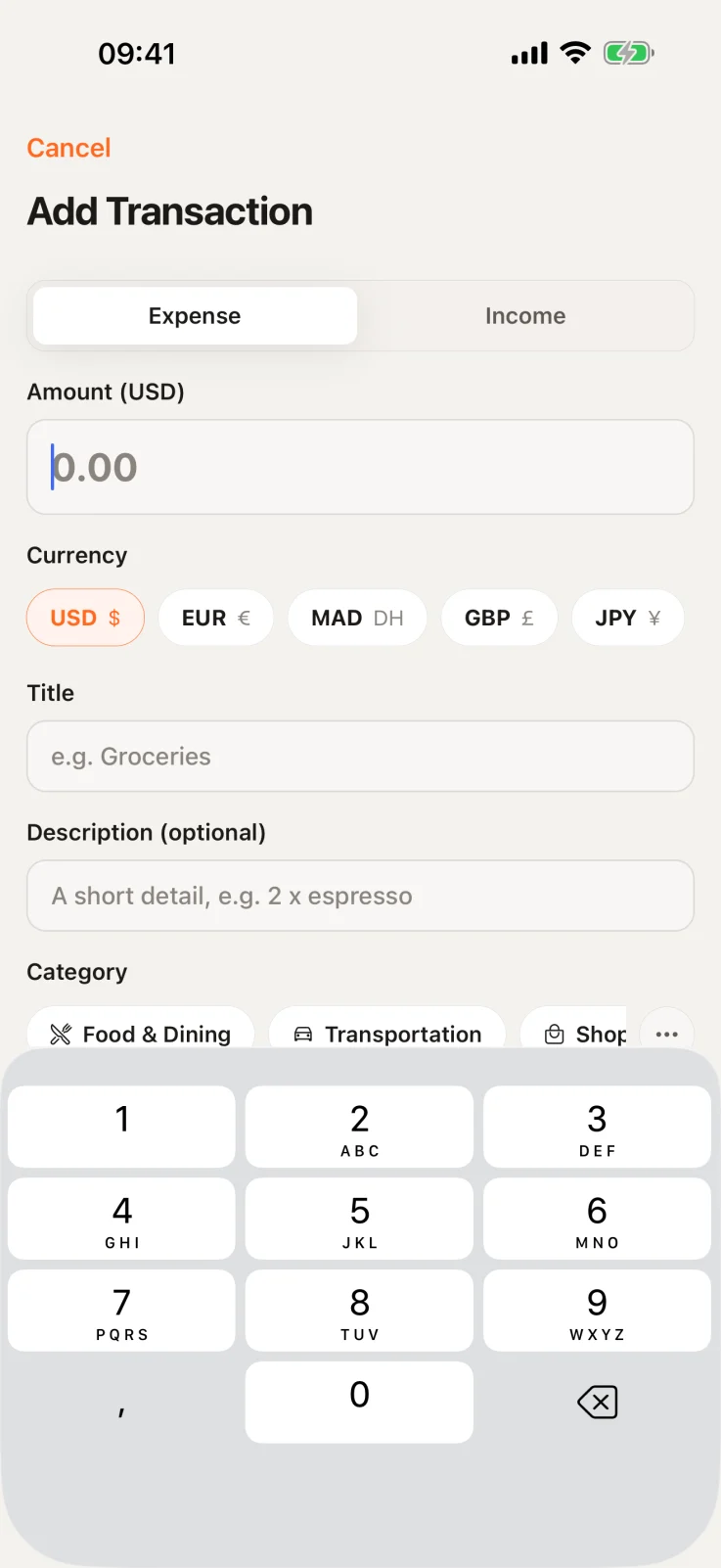 Add Transaction on iPhone: the amount in US dollars, with currency chips for USD, EUR, MAD, GBP and JPY above the title, description and category fields.
