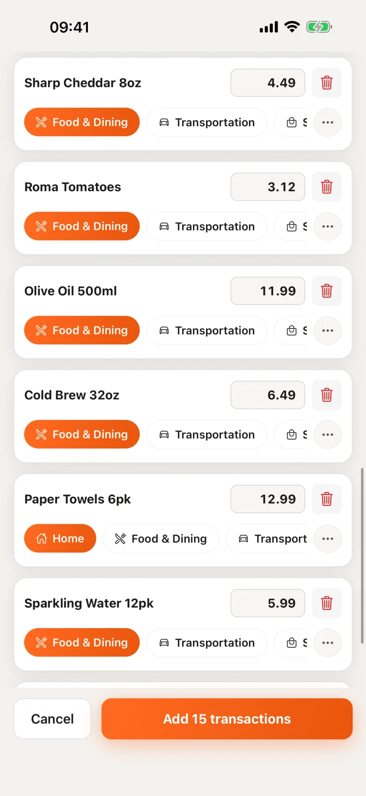 Further down the same review screen: Paper Towels 6pk at $12.99 filed under Home while the food lines stay under Food & Dining.