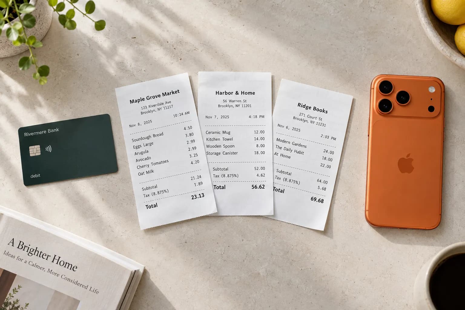 Seen from above: a modern debit card on the left set apart face down, three crisp receipts fanned in the middle, and an iPhone 17 Pro in cosmic orange on the right.