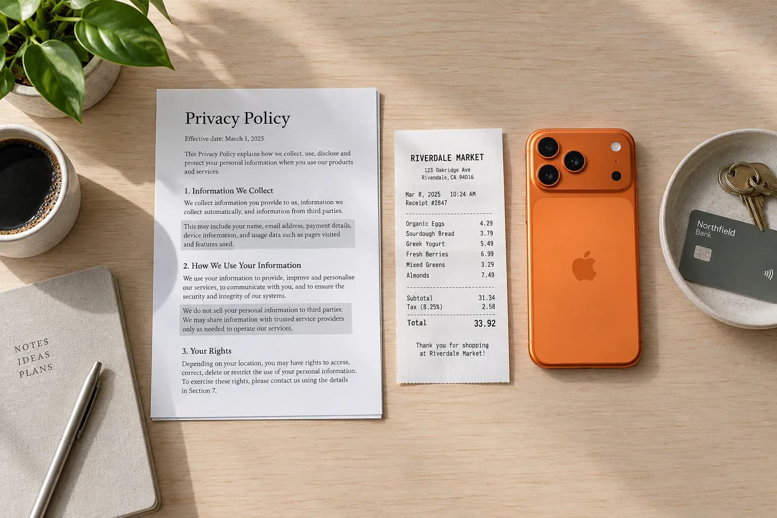 Seen from above: a printed privacy policy and a few lines highlighted in grey, a crisp receipt, and an iPhone 17 Pro in cosmic orange face down.