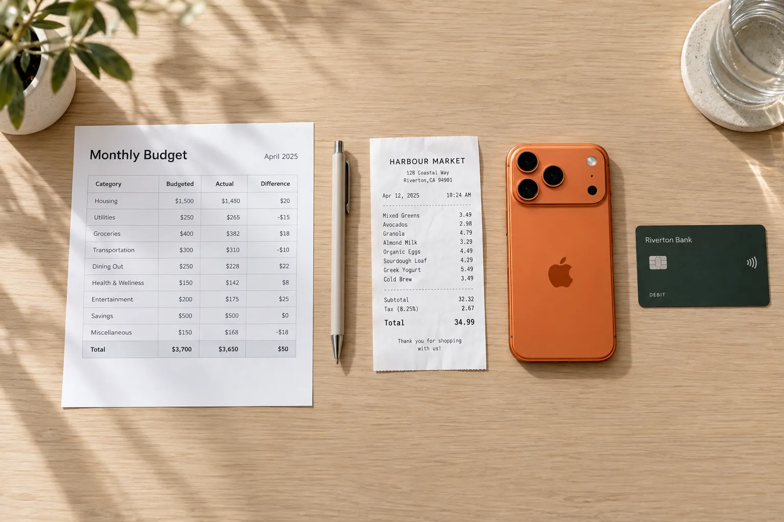 Seen from above: a printed monthly budget sheet with categories and amounts, a pen, a crisp receipt and an iPhone 17 Pro in cosmic orange.