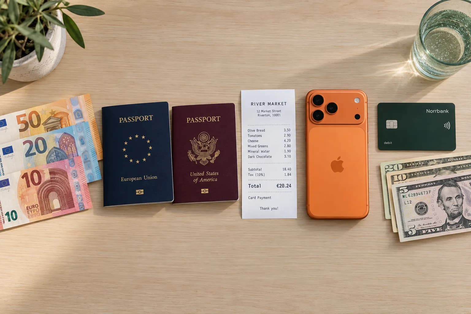 Seen from above: two modern passports side by side, real euro and US dollar notes, a receipt totalled in euros and an iPhone 17 Pro in cosmic orange.
