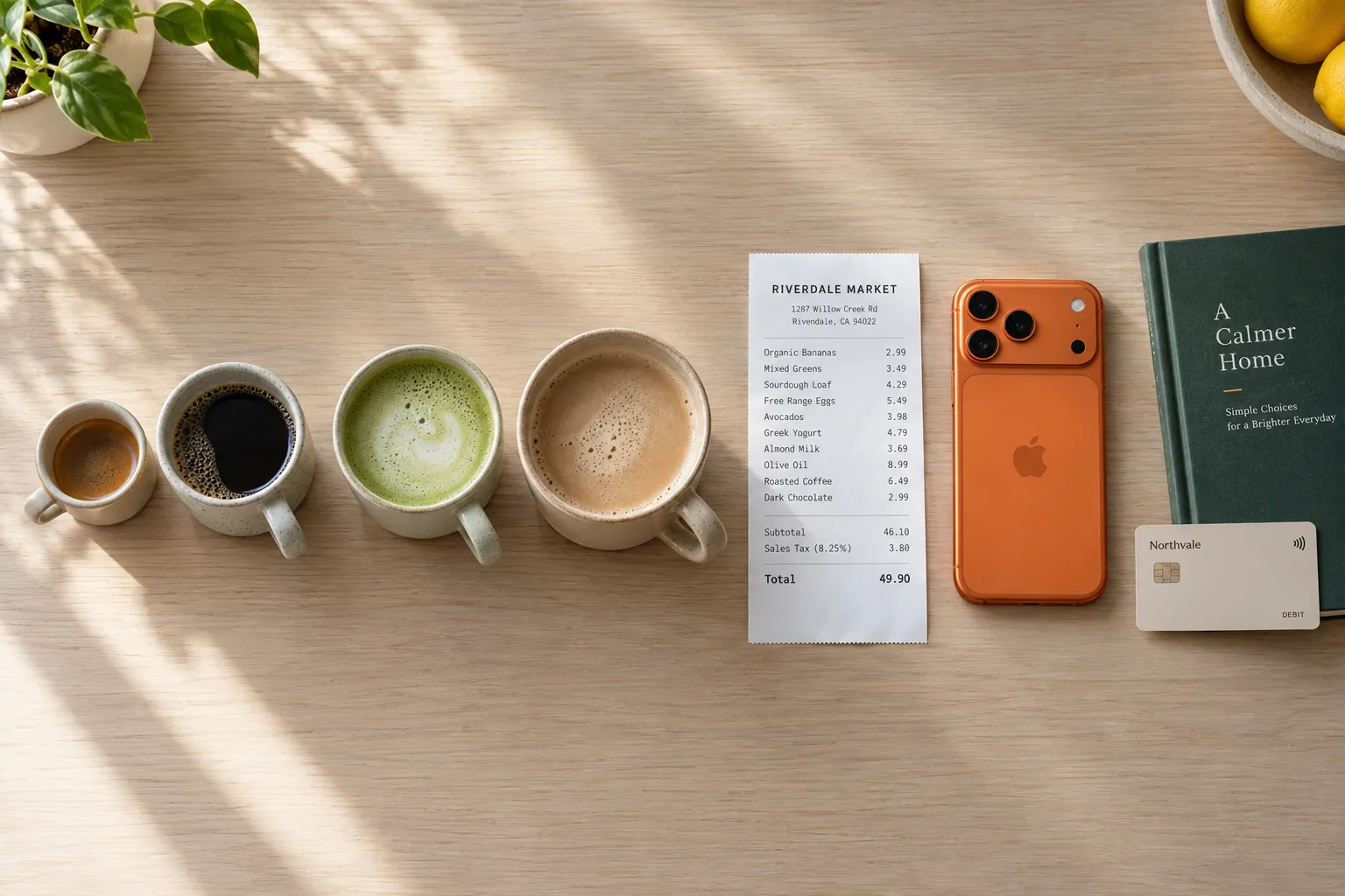 Seen from above: four modern ceramic mugs of different sizes in a row, a shared grocery receipt and an iPhone 17 Pro in cosmic orange.