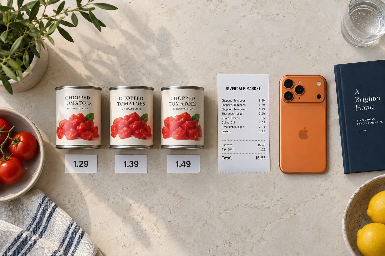 Seen from above: three tins of tomatoes in a row with printed price tags 1.29, 1.39 and 1.49, and an iPhone 17 Pro in cosmic orange.