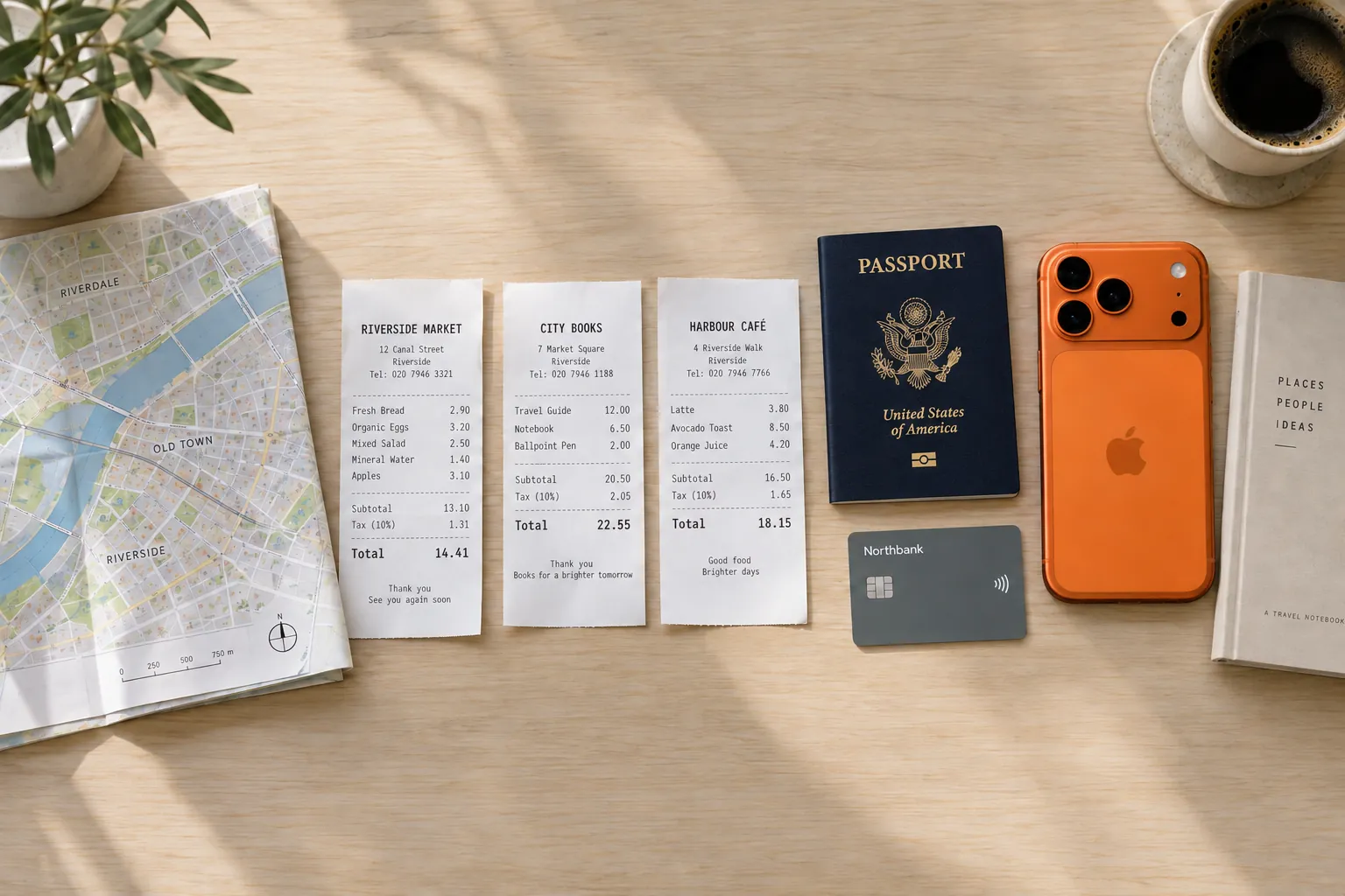 Seen from above: a folded paper city map with three crisp receipts in euros on it, a modern passport and an iPhone 17 Pro in cosmic orange.