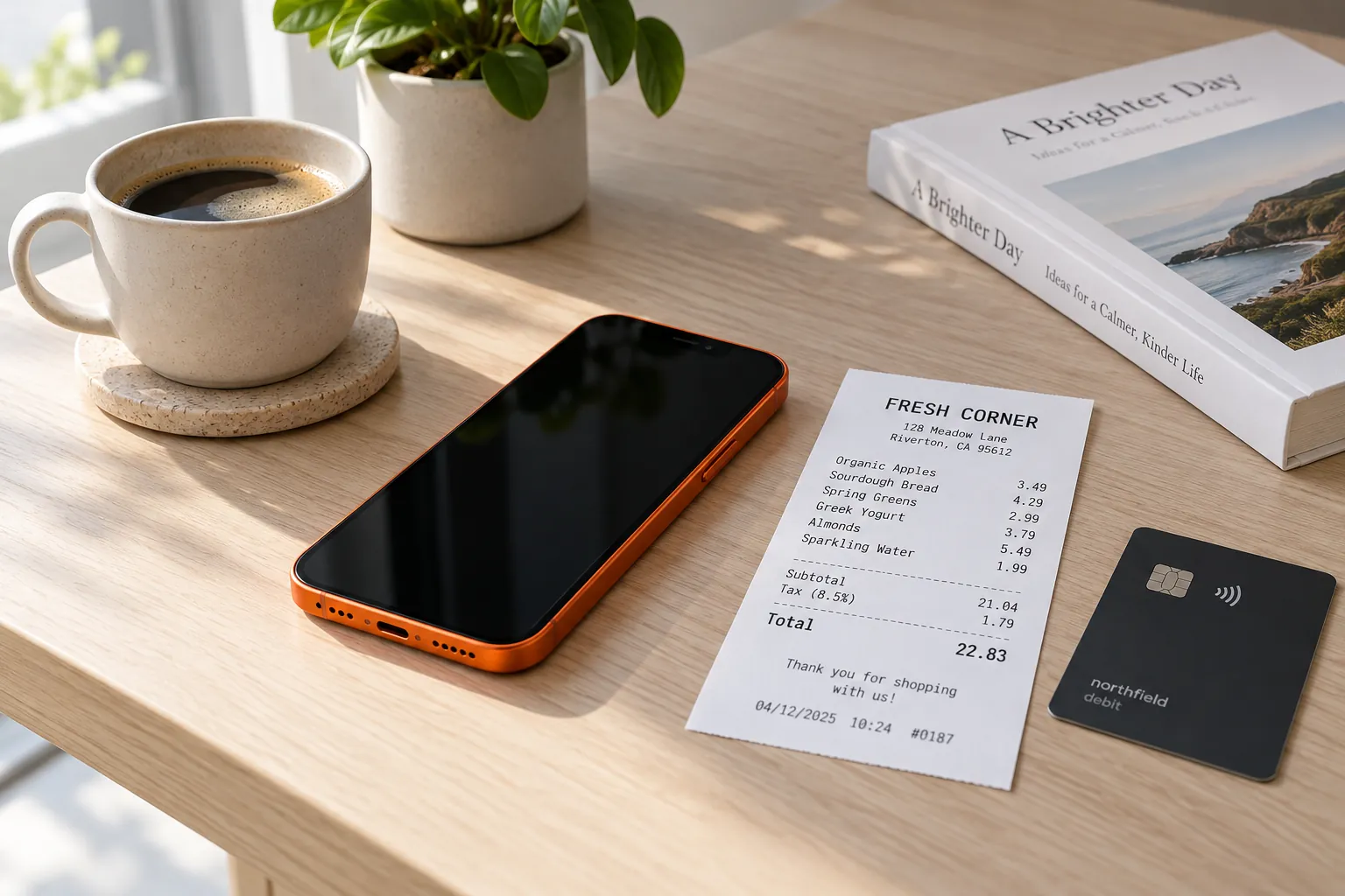 An iPhone 17 Pro in cosmic orange lying face up with a dark screen beside a crisp receipt from FRESH CORNER and a modern debit card set apart, face down.
