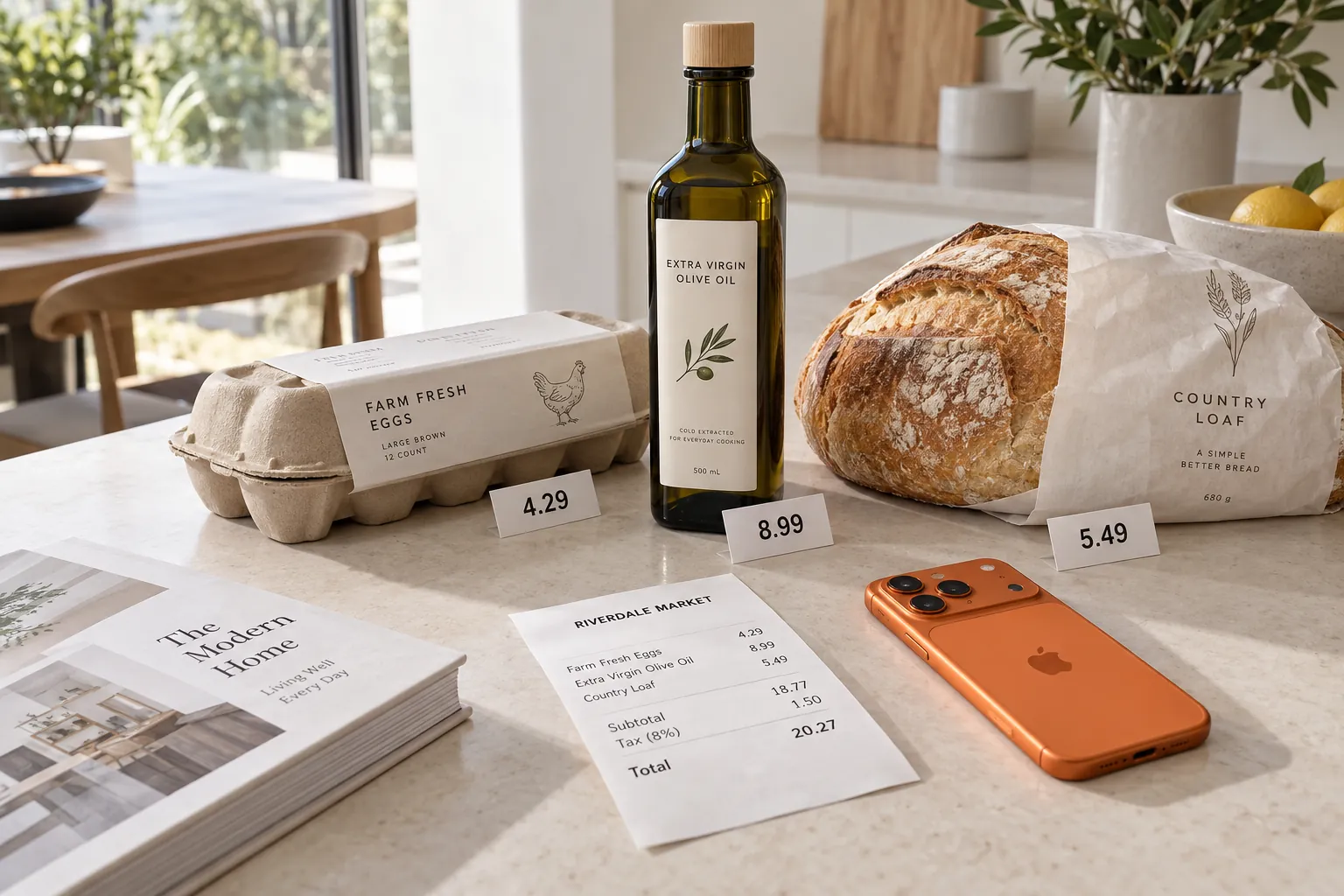 A carton of eggs, a bottle of olive oil and a loaf of bread in modern minimal packaging with small printed shelf price tags (4.29, 8.99, 5.49), with an iPhone 17 Pro in cosmic orange beside them.