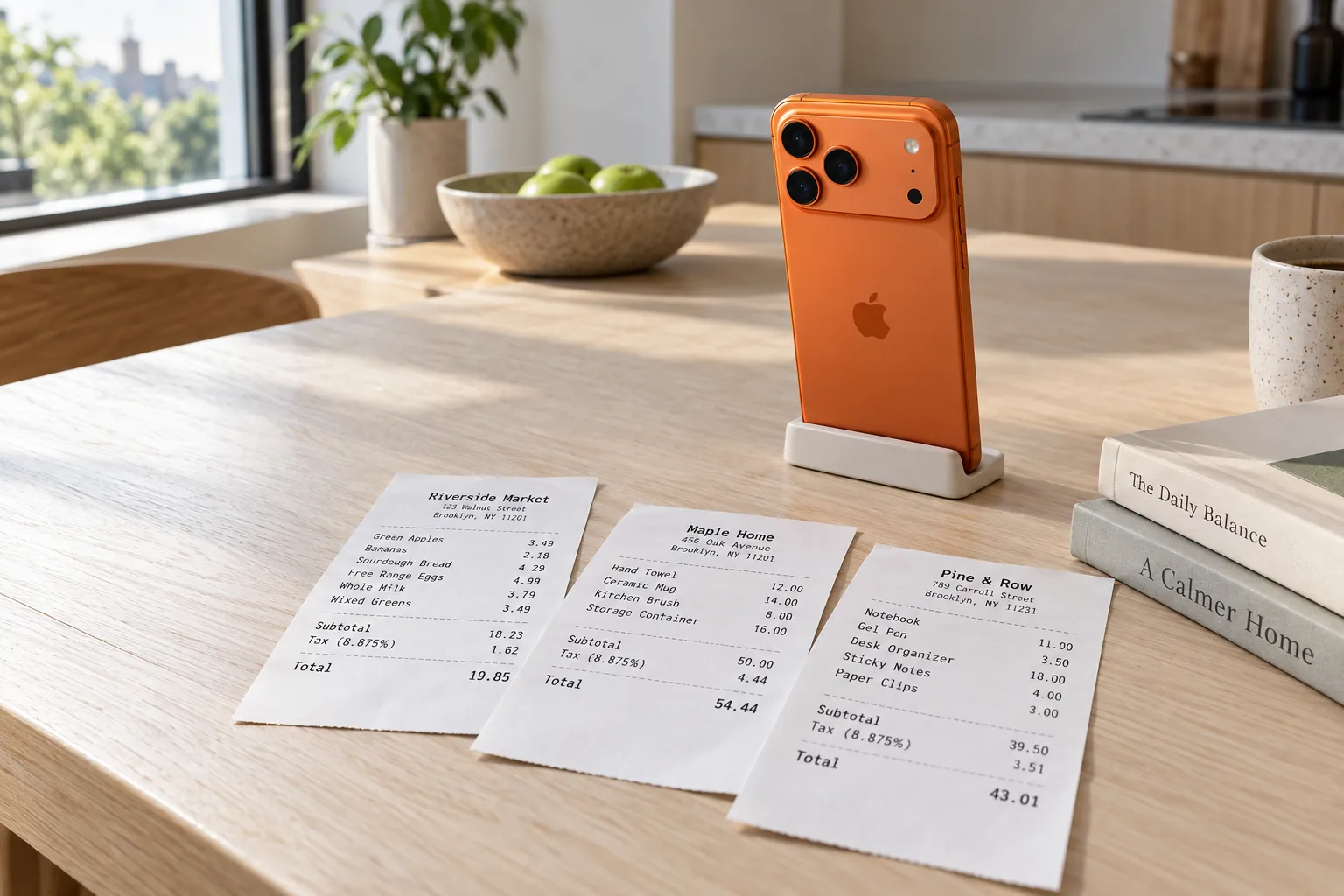 An iPhone 17 Pro in cosmic orange standing upright in a minimal stand facing three crisp receipts of different lengths fanned on the table.