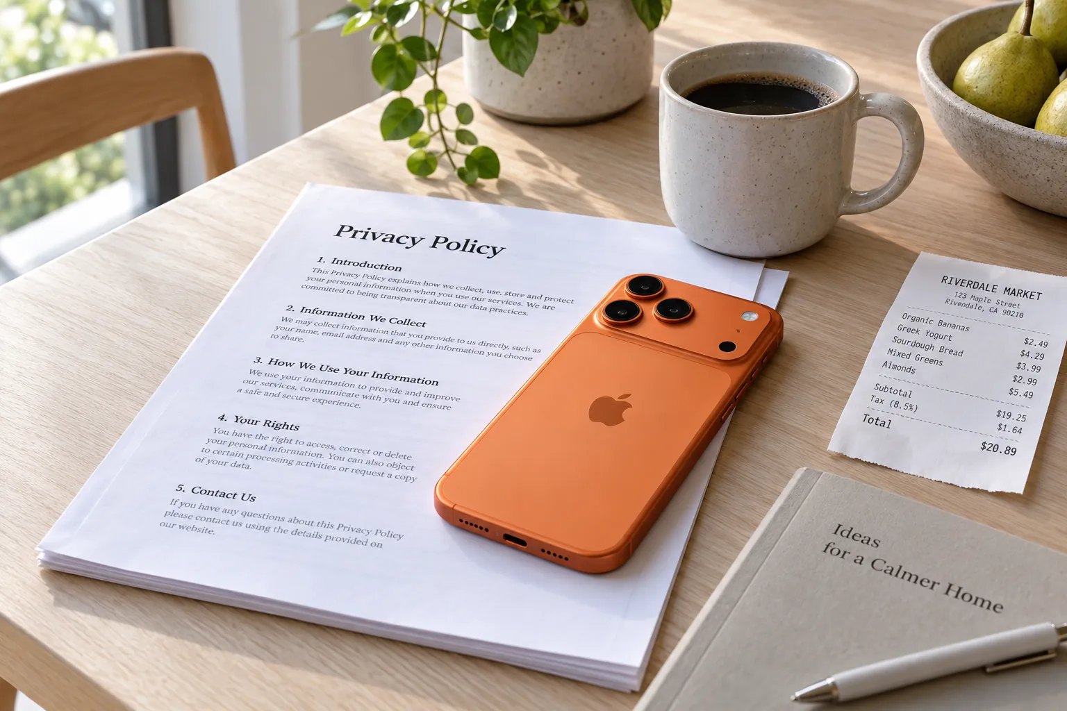 An iPhone 17 Pro in cosmic orange lying face down on top of a crisp folded privacy-policy printout, a ceramic mug of coffee behind.