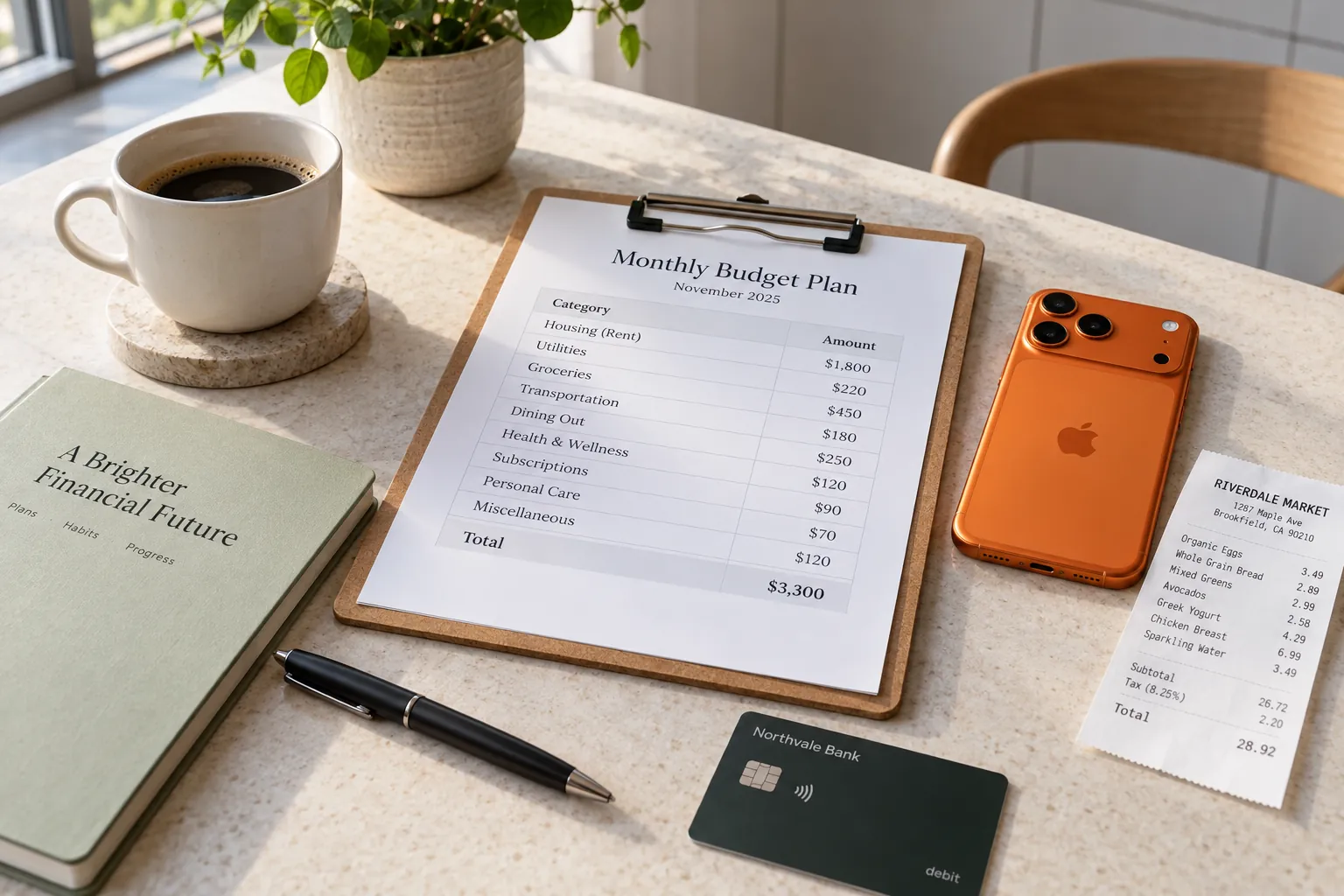 A printed monthly budget plan with category rows and amounts on a clipboard, an iPhone 17 Pro in cosmic orange beside it.