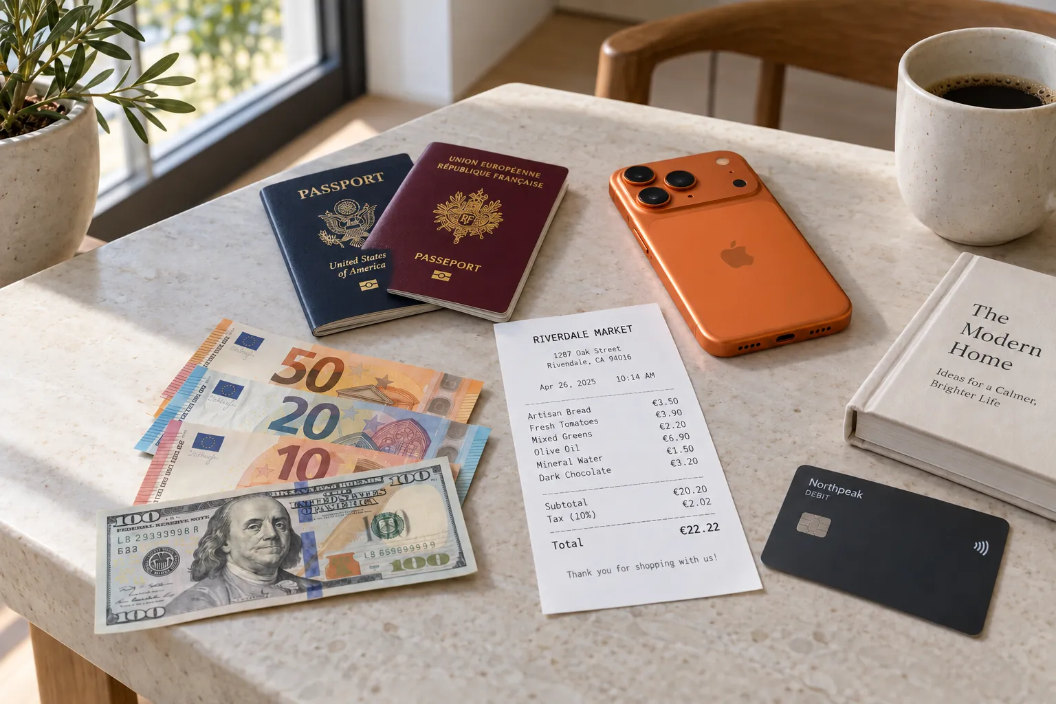 Two modern passports (one burgundy, one navy), a few euro and US dollar notes, a crisp receipt in euros and an iPhone 17 Pro in cosmic orange.