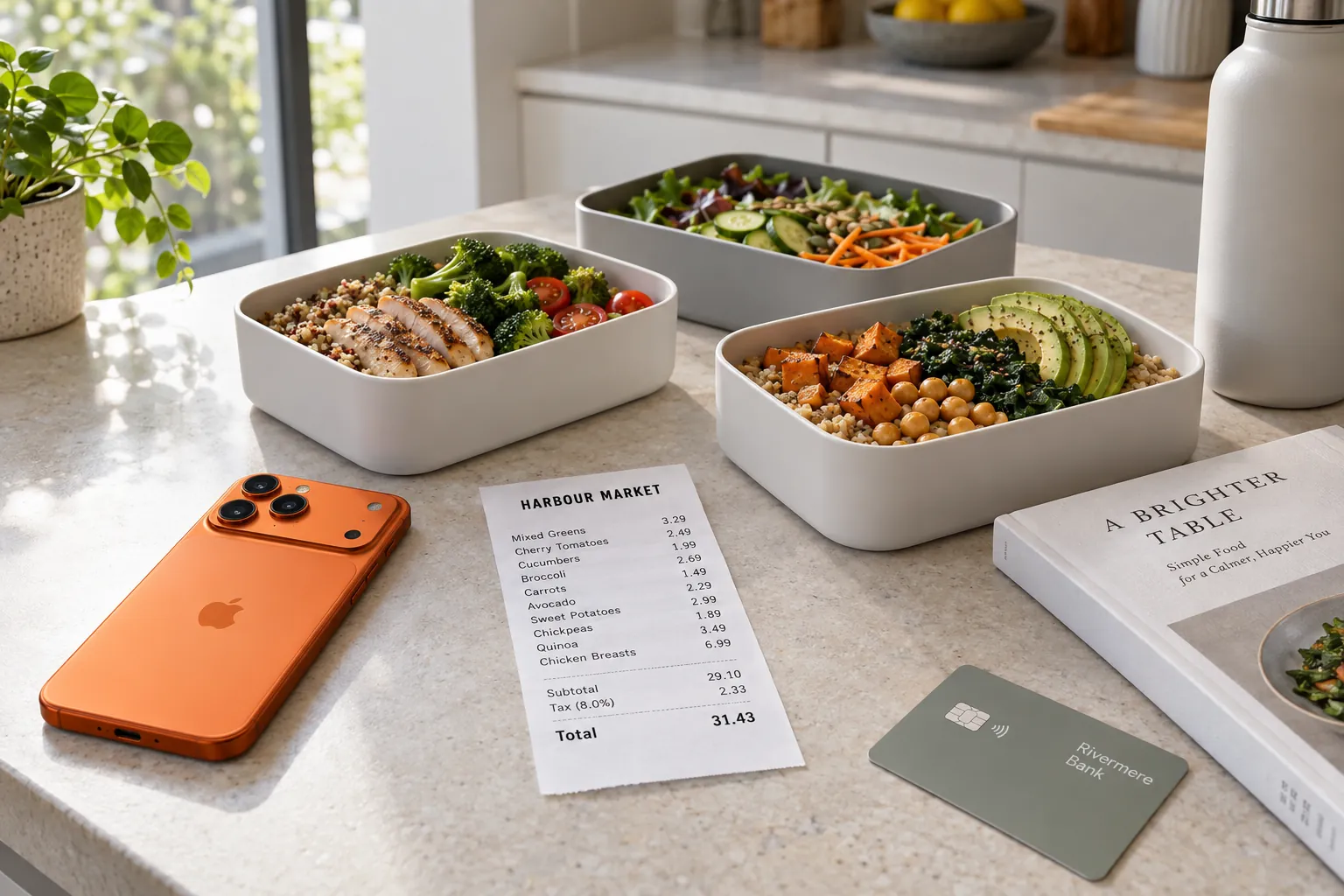 A modern kitchen counter with three lunch boxes in white and grey, a shared grocery receipt and an iPhone 17 Pro in cosmic orange.