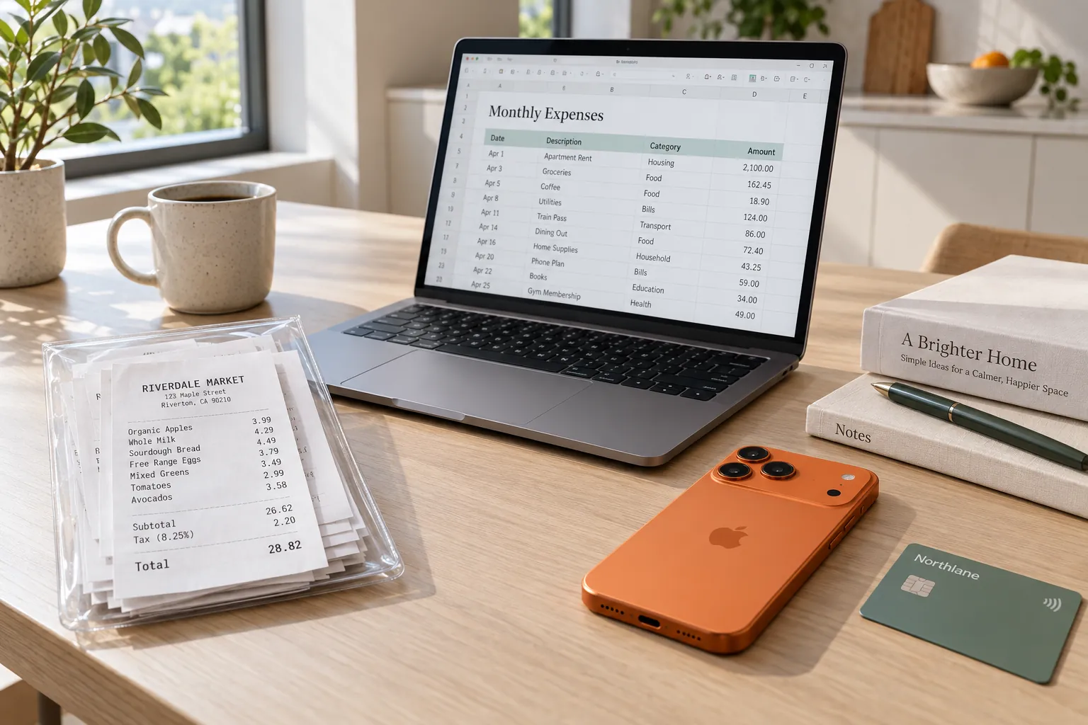 A silver laptop open showing a spreadsheet, a stack of crisp business receipts in a clear sleeve and an iPhone 17 Pro in cosmic orange.