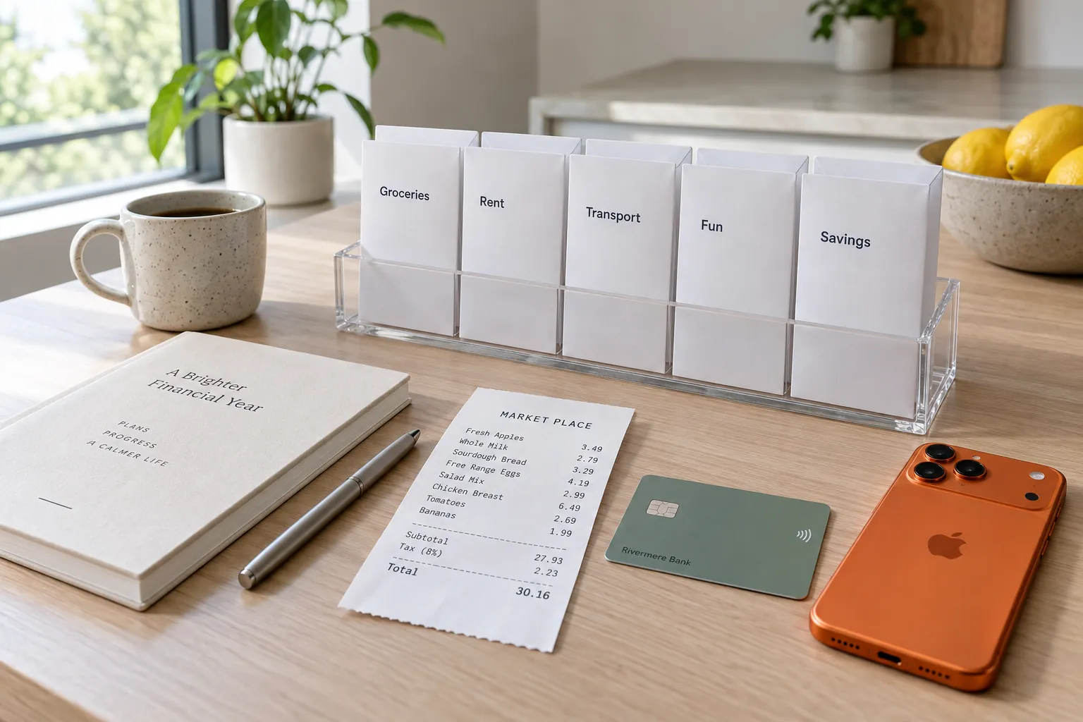Five modern white paper envelopes standing in a minimal acrylic holder, each with a printed label (Groceries, Rent, Transport, Fun, Savings), and an iPhone 17 Pro in cosmic orange.