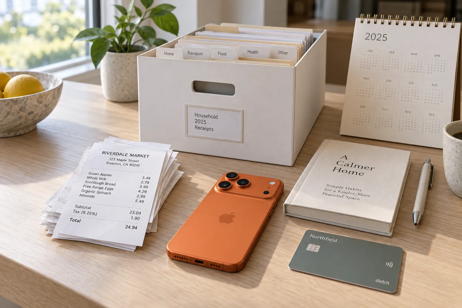 A modern white archive box with tabbed folders and crisp receipts, a desk calendar showing the year, and an iPhone 17 Pro in cosmic orange.