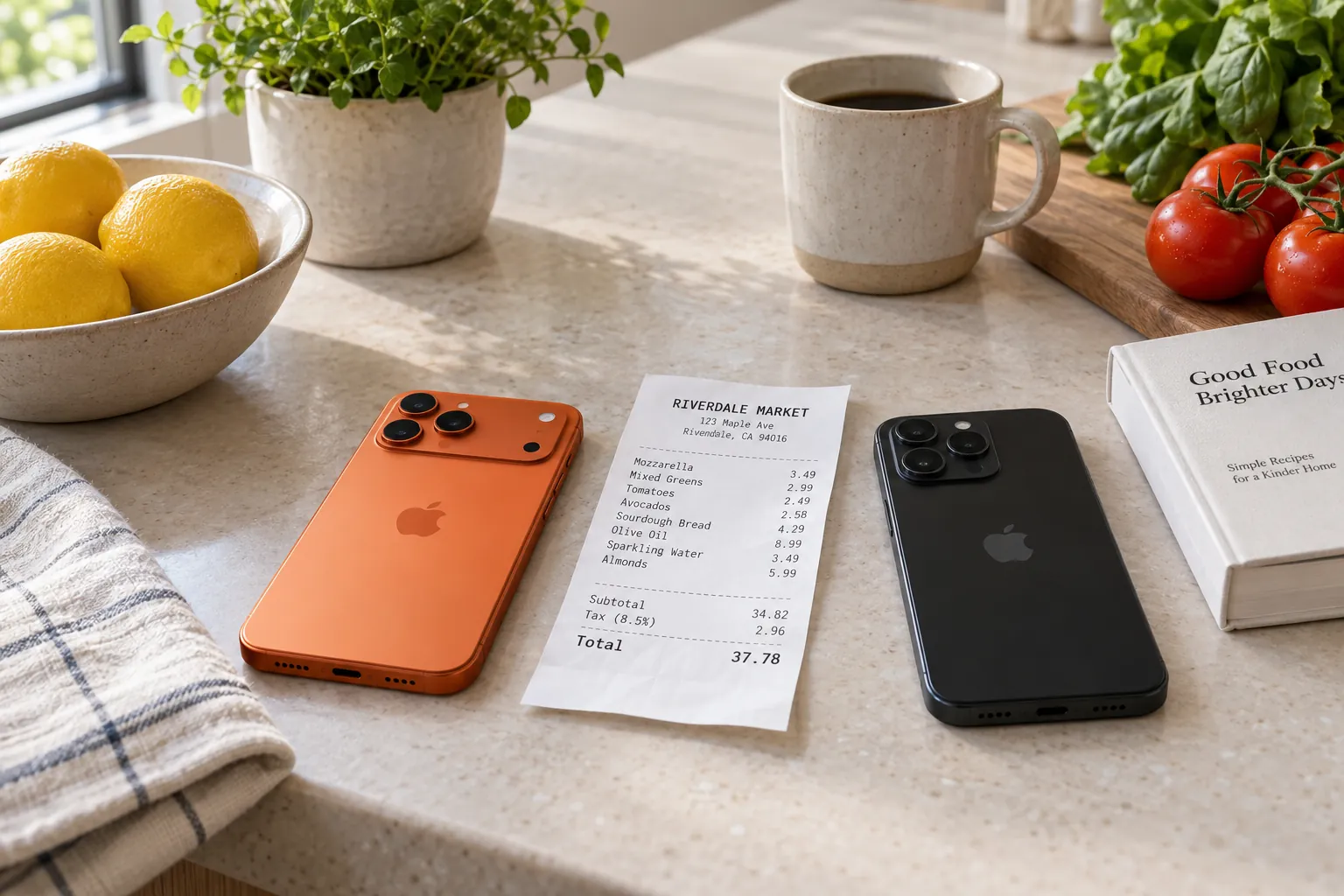 Two phones side by side on a kitchen counter, an iPhone 17 Pro in cosmic orange and a black iPhone, with one shared grocery receipt between them.