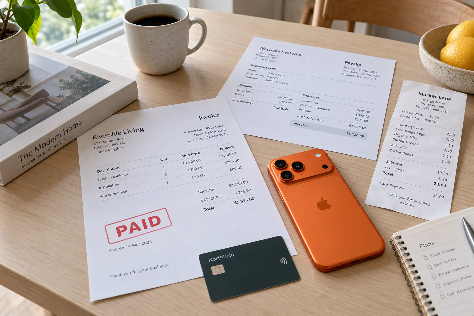 A printed invoice marked PAID, a payslip and a crisp receipt next to an iPhone 17 Pro in cosmic orange on a desk.