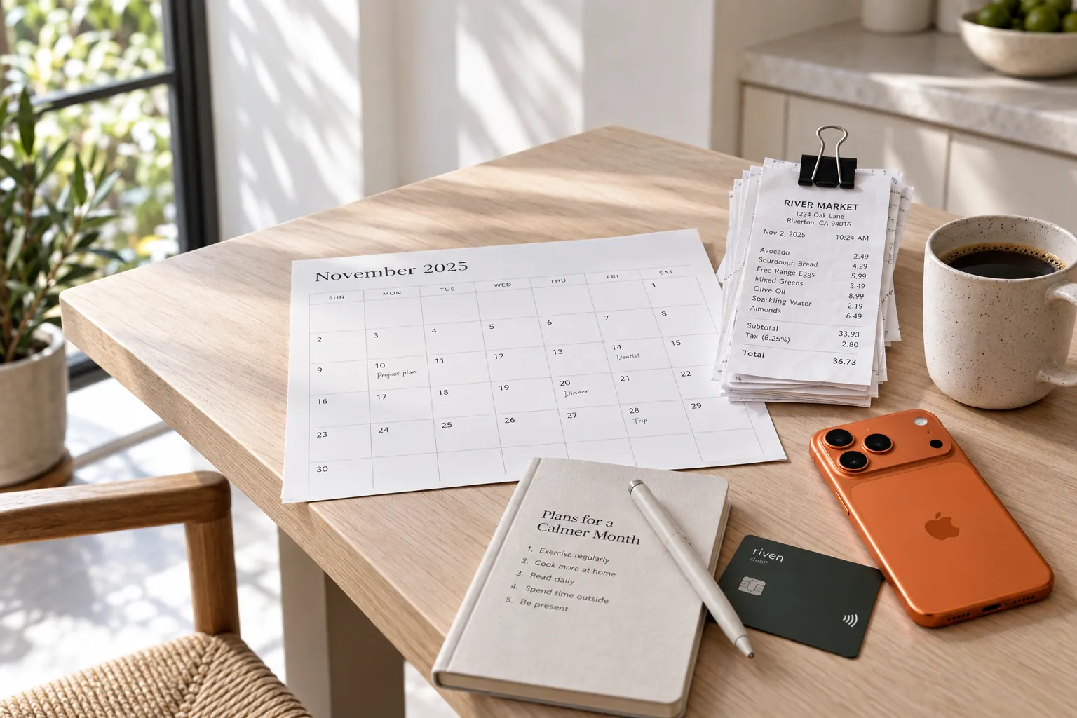 A printed month calendar page with dates, a stack of the month's receipts in a black clip, a coffee and an iPhone 17 Pro in cosmic orange.