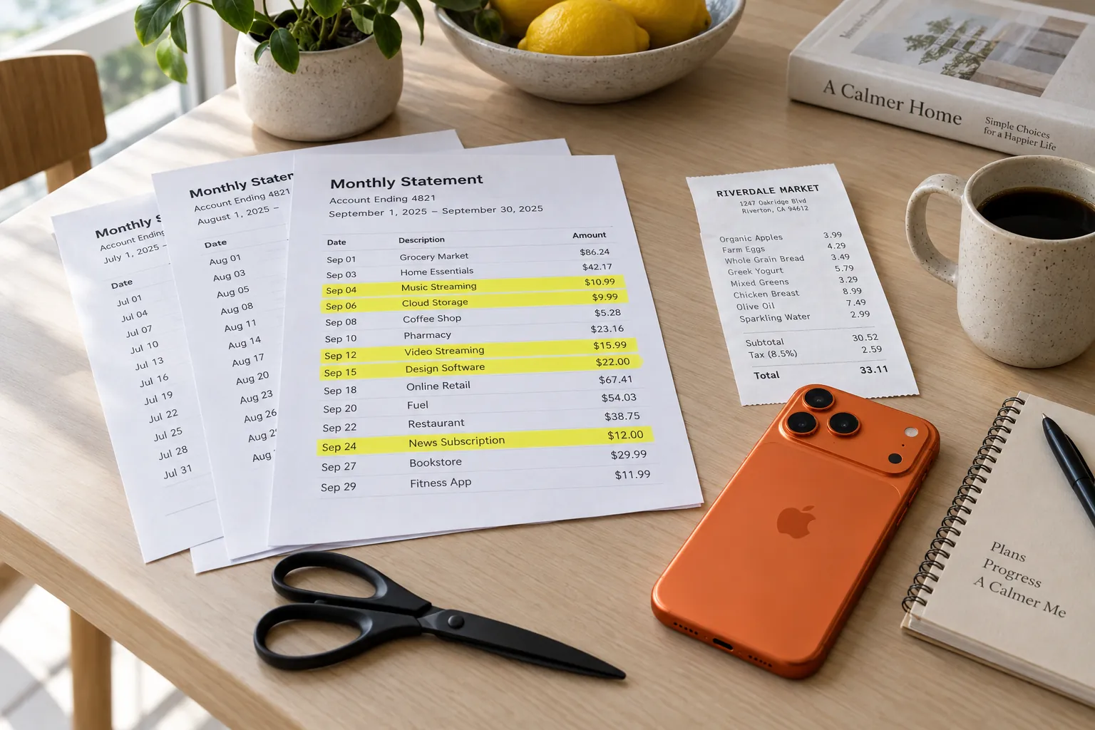 Printed monthly statements with subscription lines highlighted in yellow, a pair of black scissors and an iPhone 17 Pro in cosmic orange.