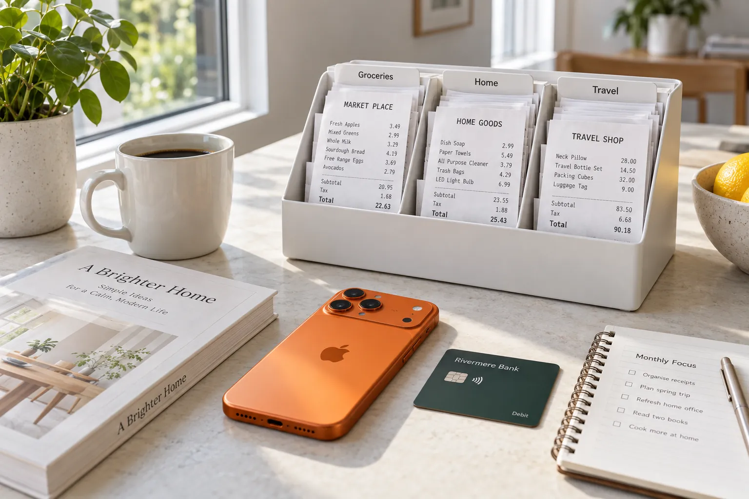 A modern white desktop file organiser with crisp receipts filed under printed tabs (Groceries, Home, Travel) and an iPhone 17 Pro in cosmic orange.