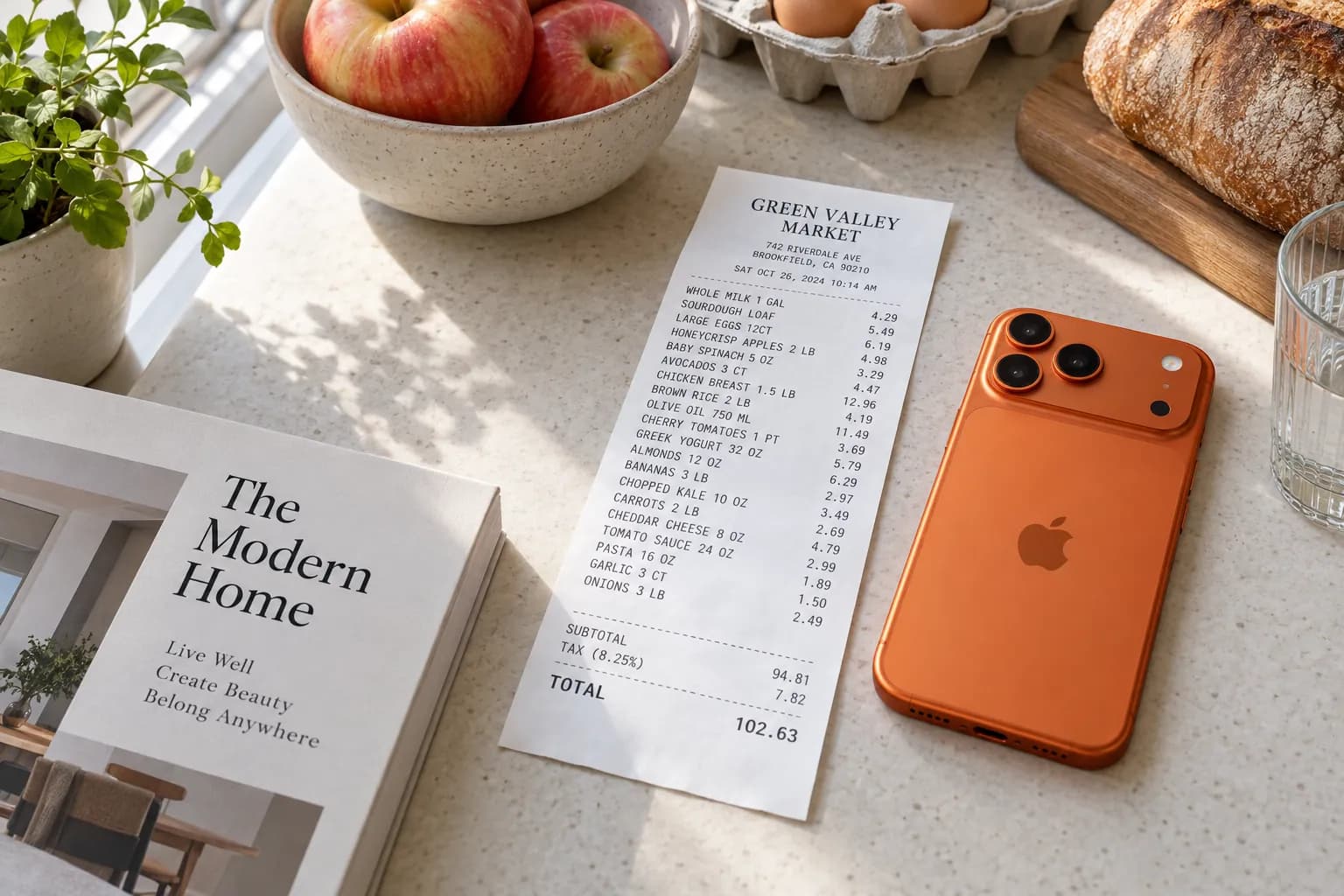A long crisp grocery receipt from GREEN VALLEY MARKET lying flat (WHOLE MILK 1 GAL 4.29, SOURDOUGH LOAF 5.49, LARGE EGGS 12CT 6.19, SUBTOTAL 94.81, TAX 7.82, TOTAL 102.63) with an iPhone 17 Pro in cosmic orange resting beside it.
