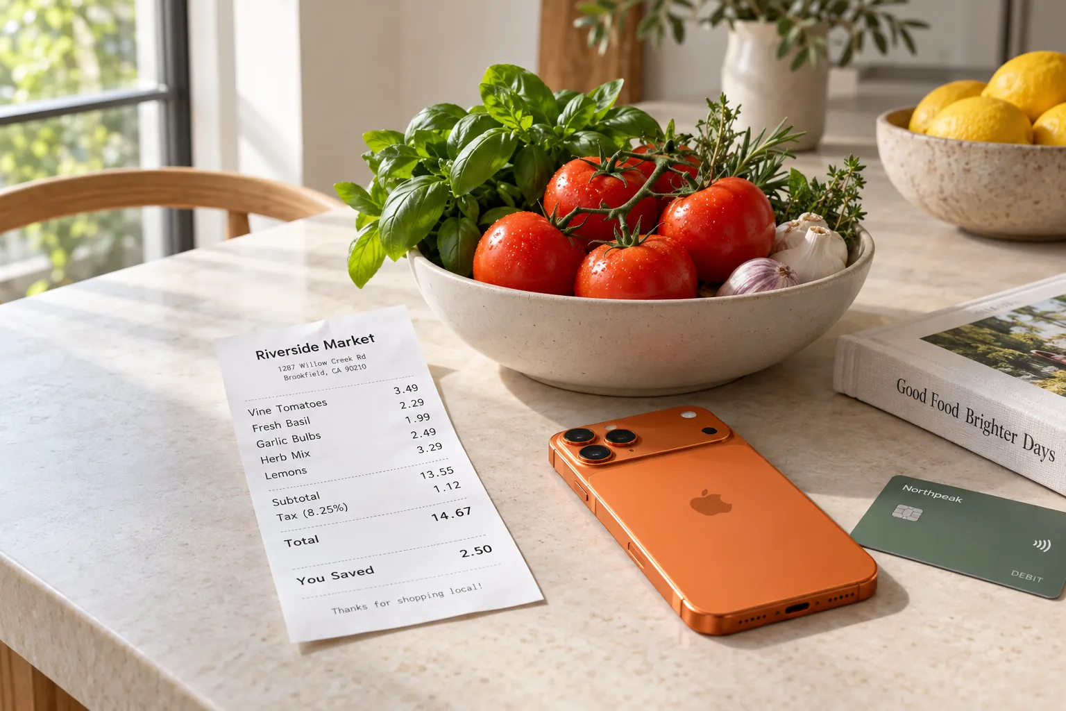 Fresh tomatoes, garlic and herbs in a modern ceramic bowl, a crisp grocery receipt with a printed savings line, and an iPhone 17 Pro in cosmic orange.