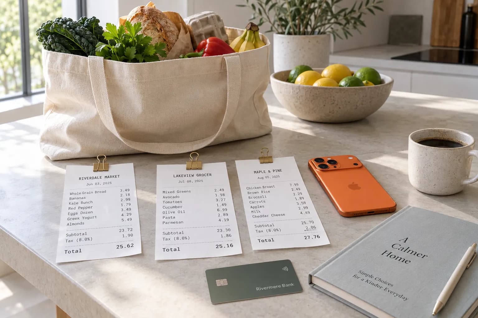 A modern canvas tote with groceries on the counter, three months of crisp receipts held by clips, and an iPhone 17 Pro in cosmic orange.