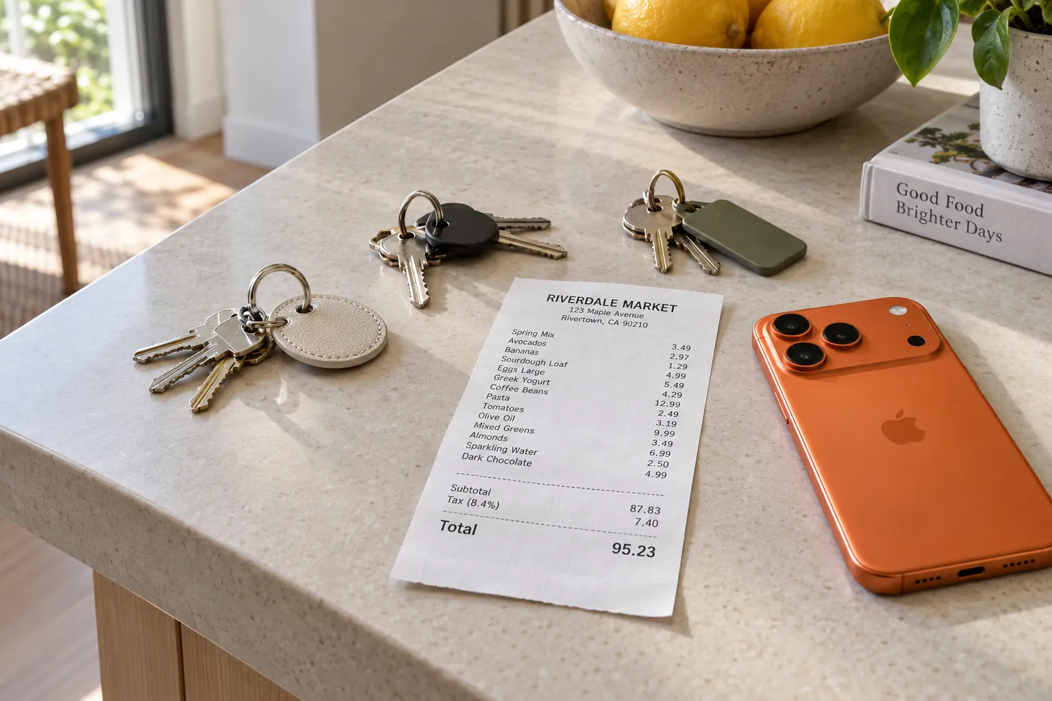 Three sets of house keys on a counter around one crisp grocery receipt totalling 95.23, and an iPhone 17 Pro in cosmic orange.