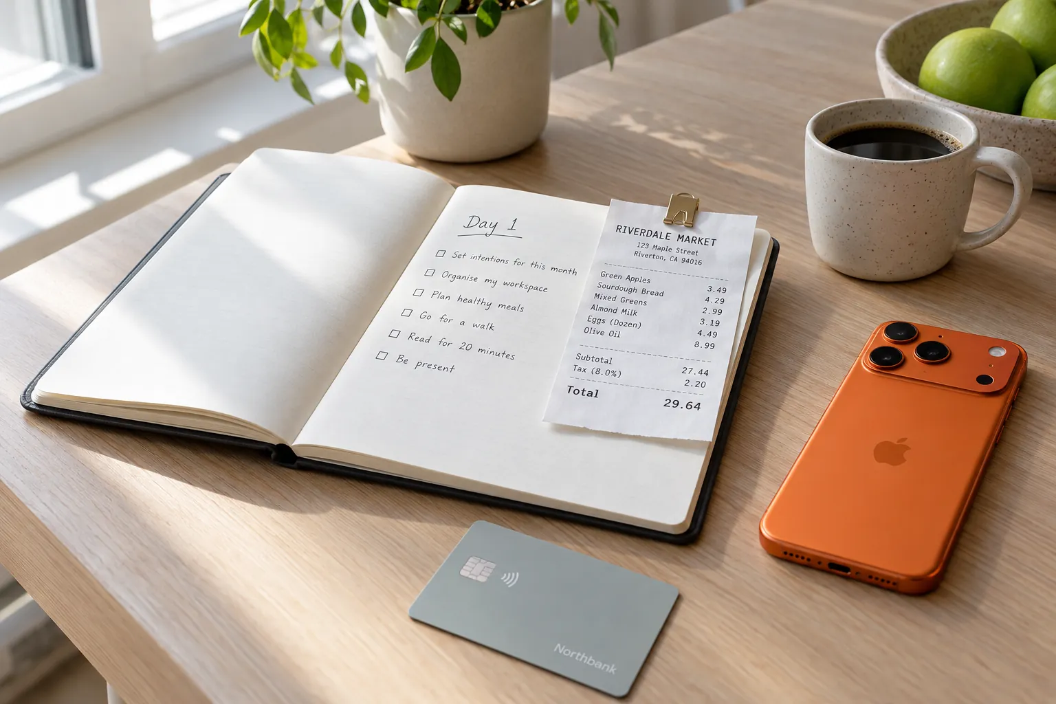 A new notebook open to a first page headed Day 1 in neat handwriting, one crisp receipt clipped to it and an iPhone 17 Pro in cosmic orange.