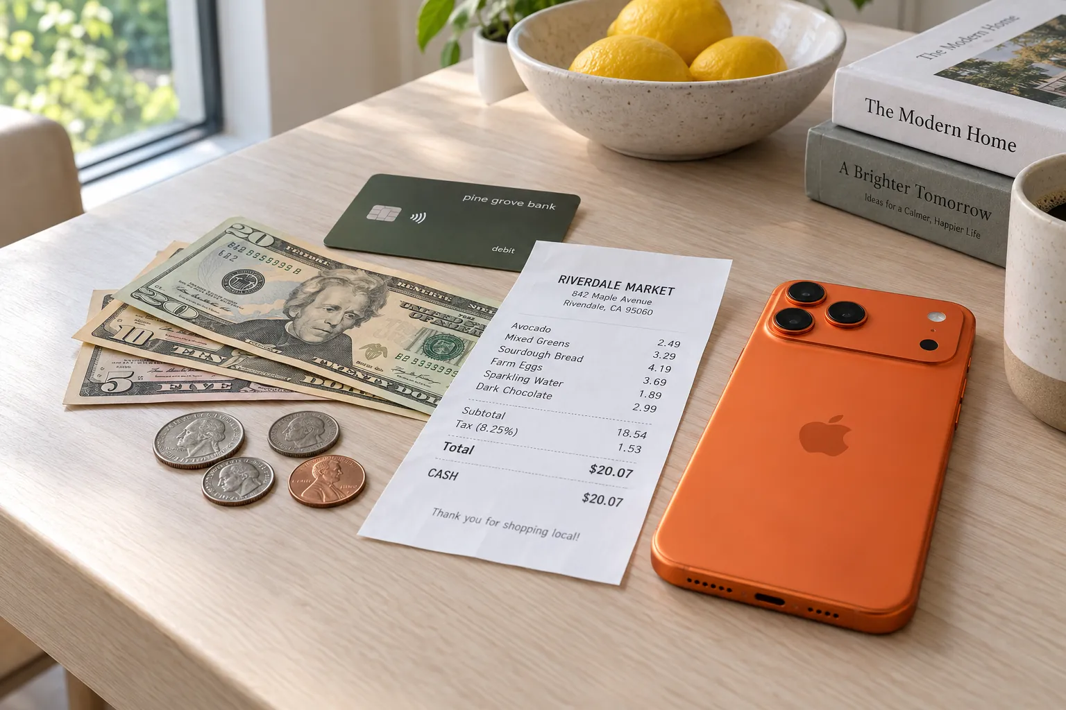 A few US banknotes and coins beside a crisp cash receipt marked CASH and an iPhone 17 Pro in cosmic orange.