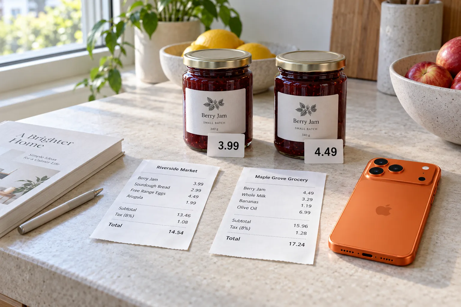 Two identical jars of jam with printed price tags reading 3.99 and 4.49, a receipt from each visit and an iPhone 17 Pro in cosmic orange.