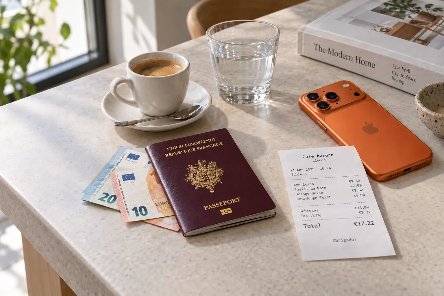 A modern passport, a few euro notes, a crisp receipt from a Lisbon café totalled in euros and an iPhone 17 Pro in cosmic orange.