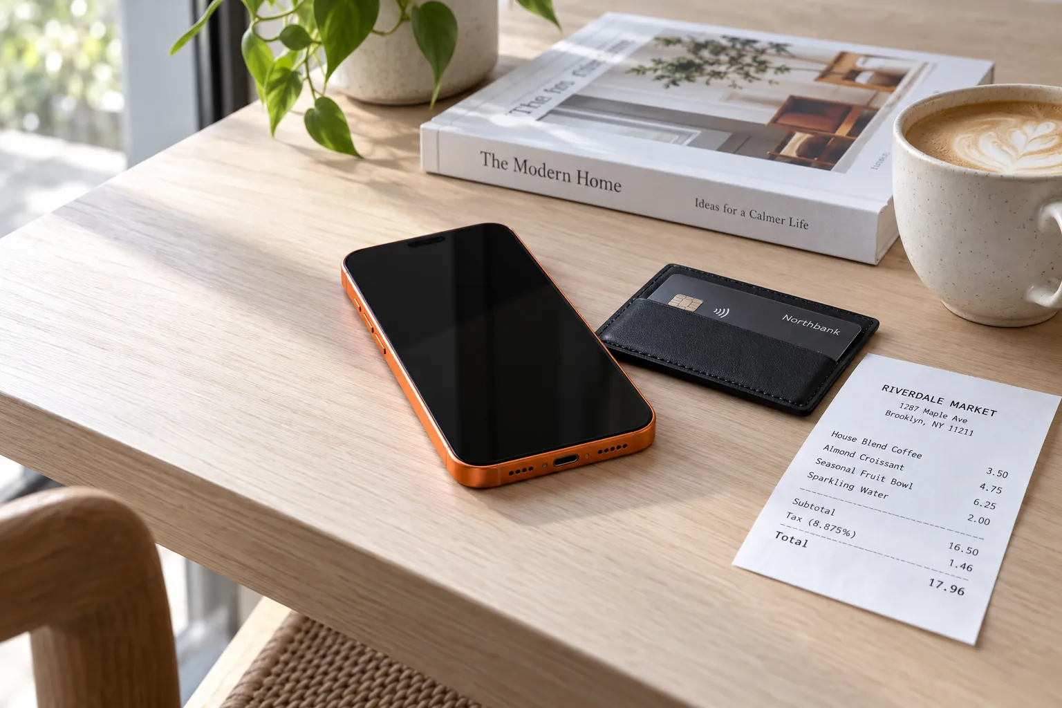 An iPhone 17 Pro in cosmic orange face up with a dark screen next to a slim black card holder, a crisp receipt and a coffee.
