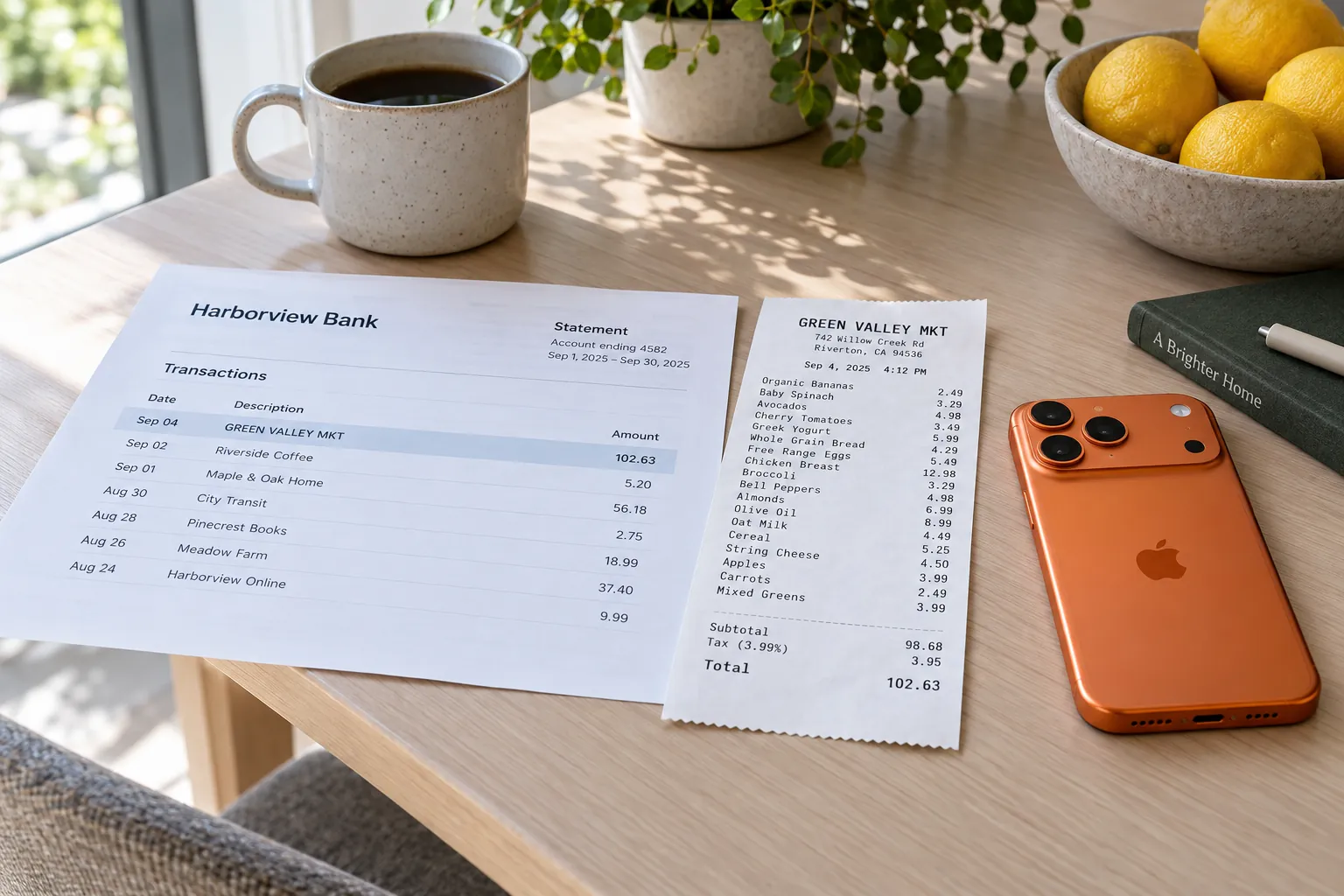 A printed bank statement with one line reading GREEN VALLEY MKT 102.63, beside the full itemised receipt for it, and an iPhone 17 Pro in cosmic orange.