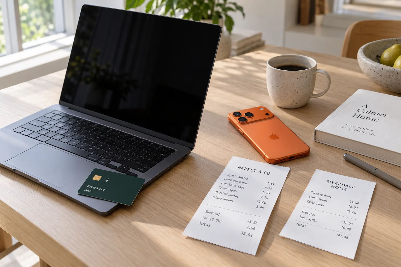 A laptop with a dark screen and a modern debit card on it on one side, crisp receipts and an iPhone 17 Pro in cosmic orange on the other.