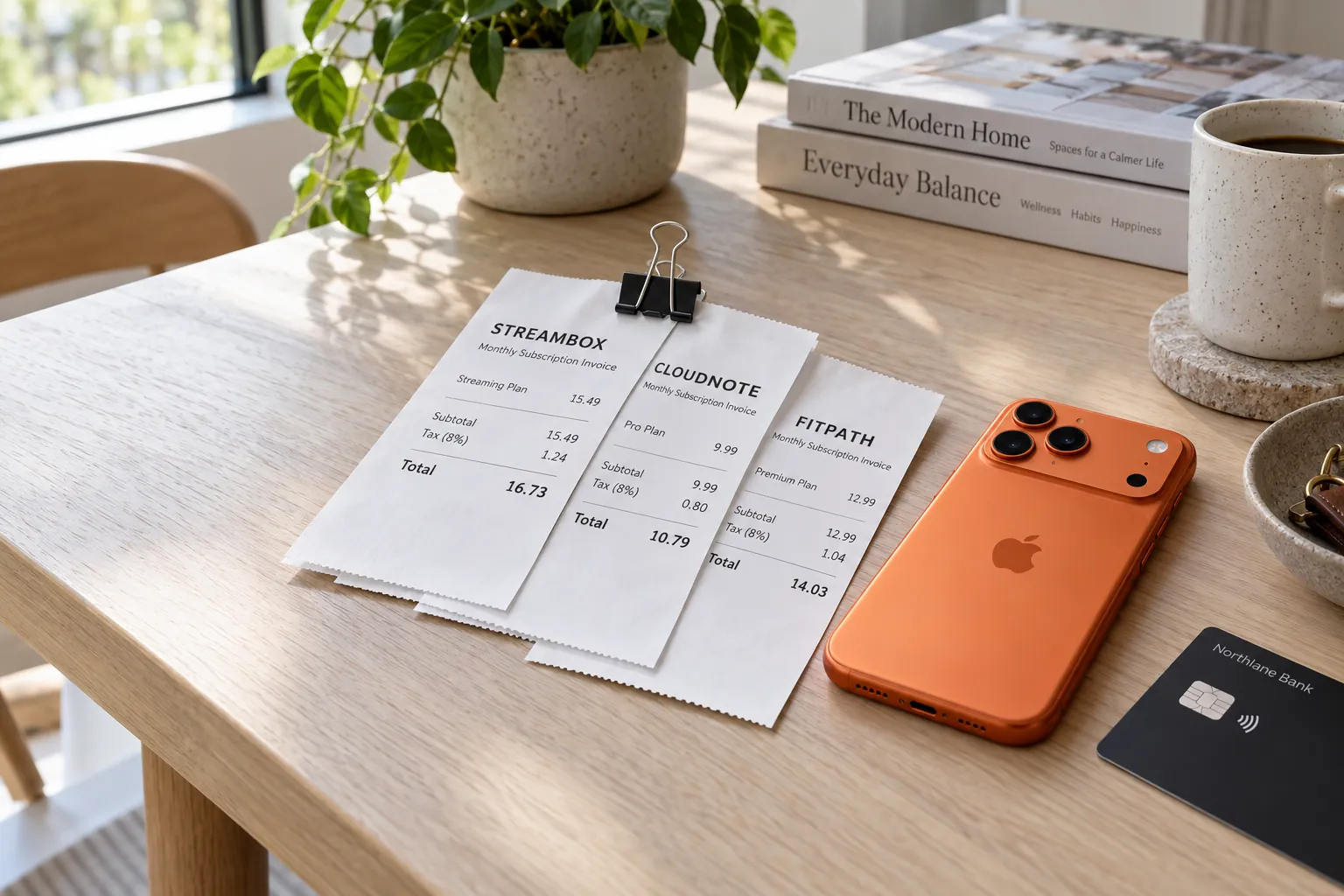 Printed monthly subscription invoices (STREAMBOX 15.49, CLOUDNOTE 9.99, FITPATH 12.99) clipped together and an iPhone 17 Pro in cosmic orange.