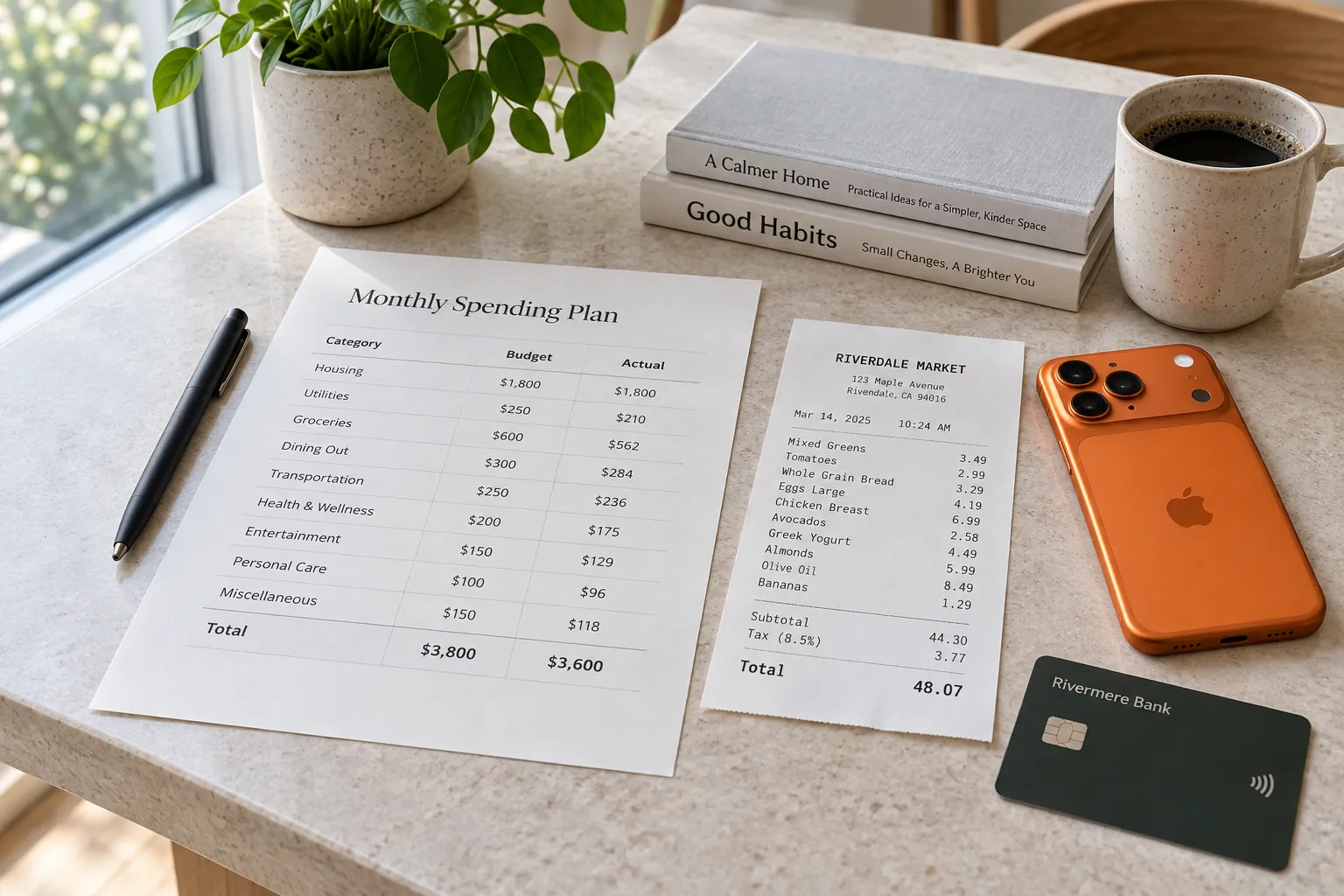 A printed spending plan sheet with categories next to a crisp receipt and an iPhone 17 Pro in cosmic orange.