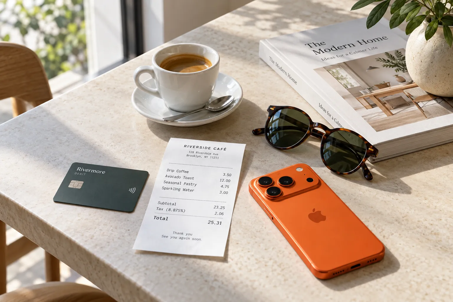 A café table with an espresso, a crisp café receipt, sunglasses and an iPhone 17 Pro in cosmic orange.