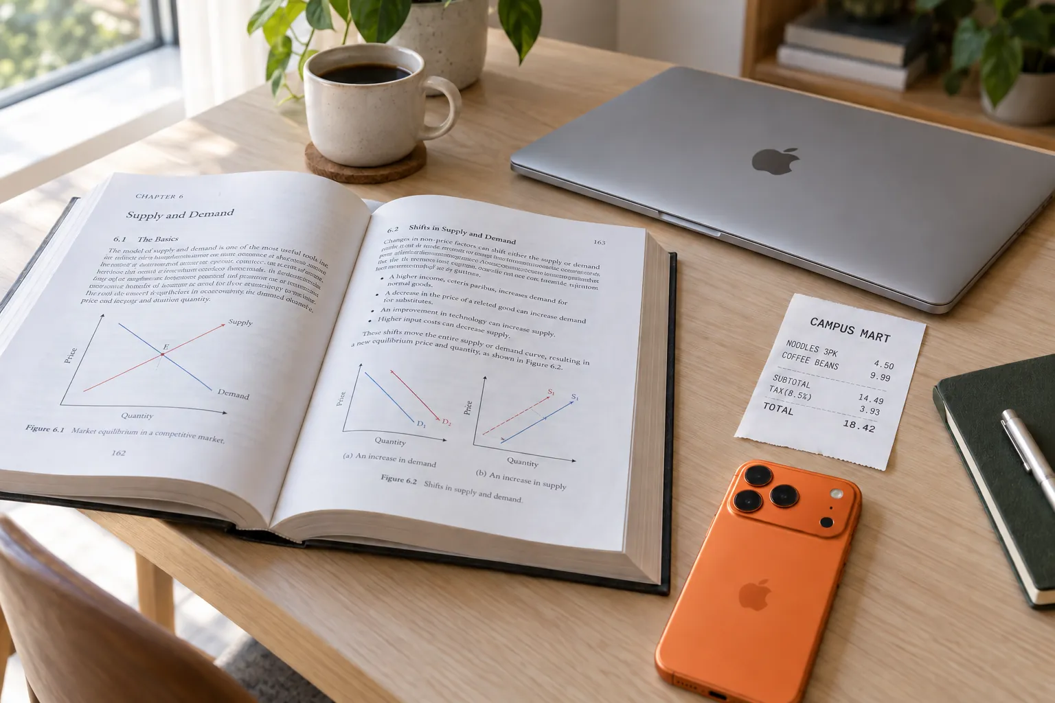 A student's desk with an open textbook on economics, a closed silver laptop, a crisp receipt from CAMPUS MART (NOODLES 3PK 4.50, COFFEE BEANS 9.99, TOTAL 18.42) and an iPhone 17 Pro in cosmic orange face down.