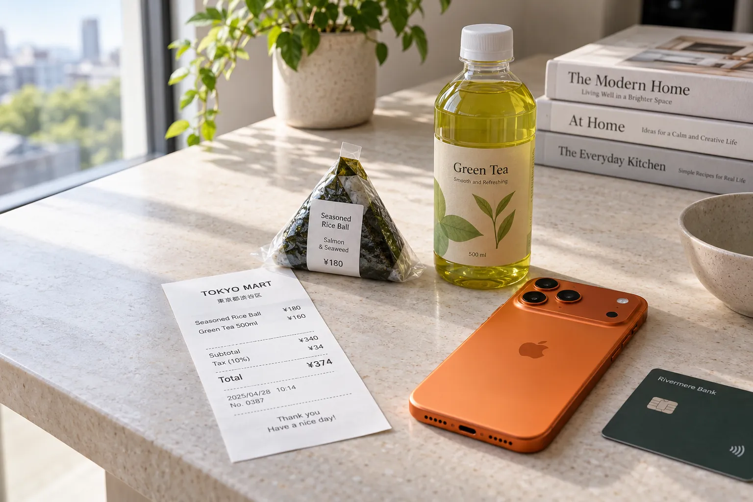 A Tokyo convenience-store receipt in yen, a wrapped rice ball, a bottle of green tea and an iPhone 17 Pro in cosmic orange.