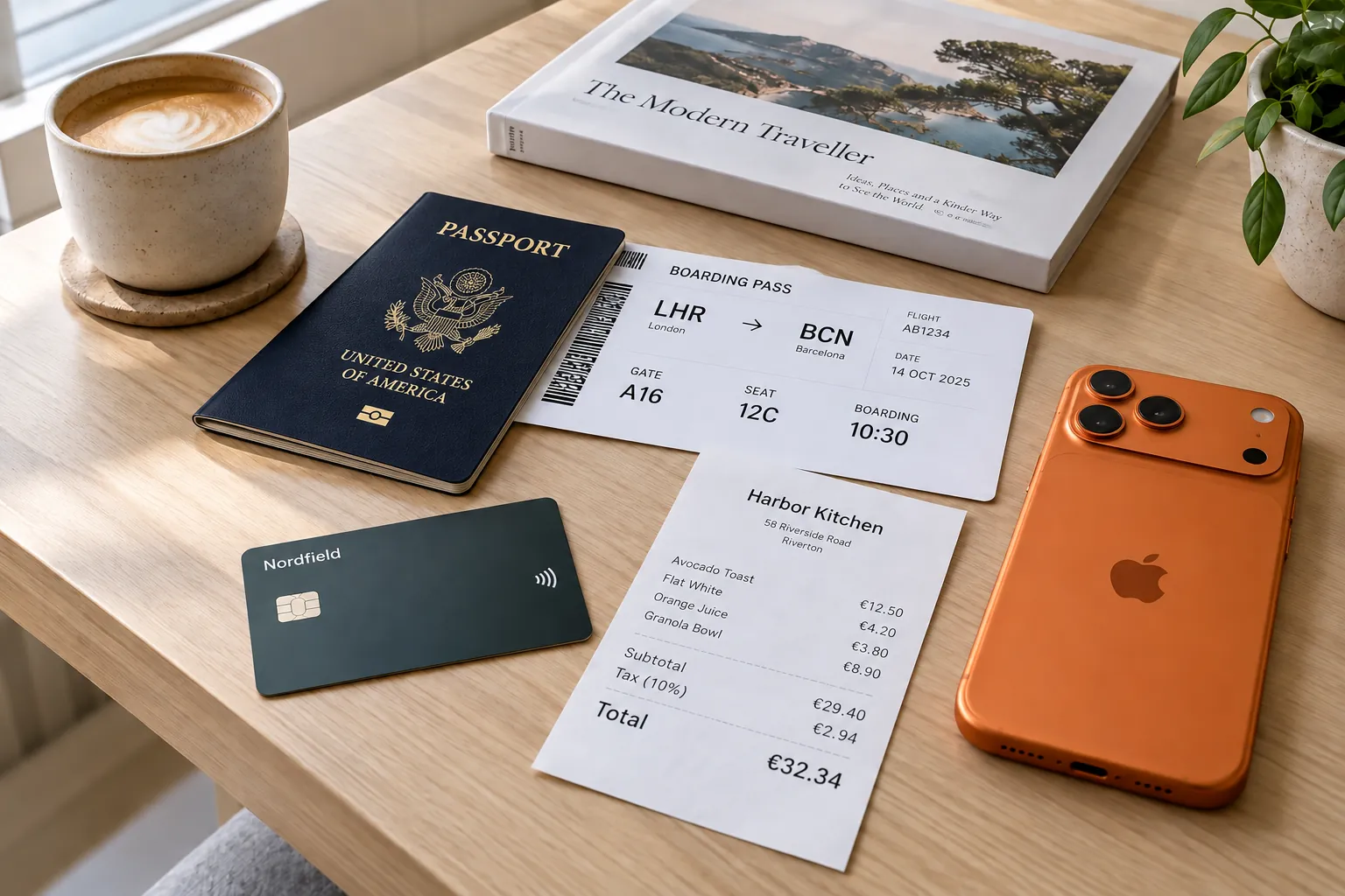 A modern travel kit: passport, a boarding pass, a crisp receipt in euros and an iPhone 17 Pro in cosmic orange.