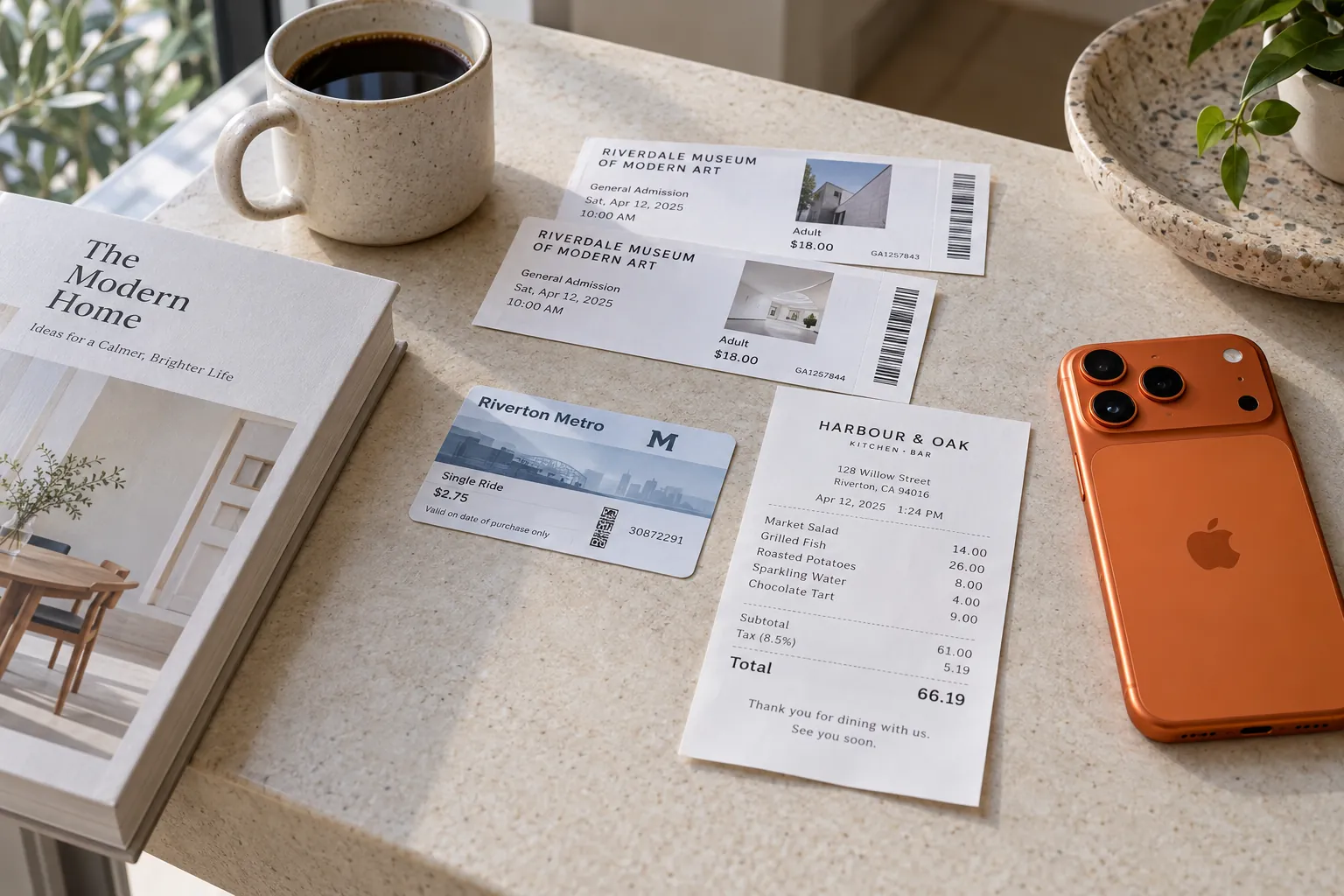 Two museum tickets, a metro ticket, a crisp restaurant receipt and an iPhone 17 Pro in cosmic orange.