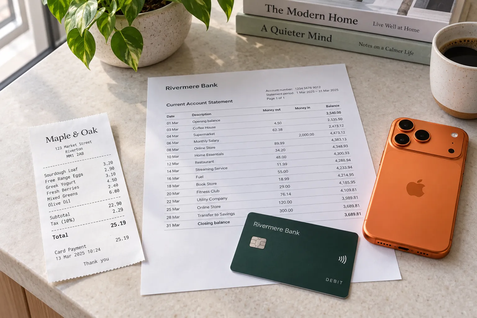 A printed bank statement page with transaction lines, a modern debit card on it and an iPhone 17 Pro in cosmic orange beside them.