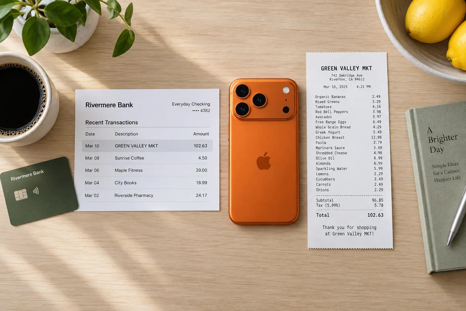 Seen from above: on the left a printed bank statement line reading GREEN VALLEY MKT 102.63, on the right the full itemised receipt, and an iPhone 17 Pro in cosmic orange between them.