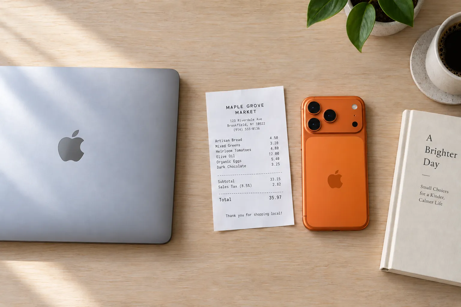 Seen from above: a modern debit card on a closed silver laptop on the left, crisp receipts and an iPhone 17 Pro in cosmic orange on the right.
