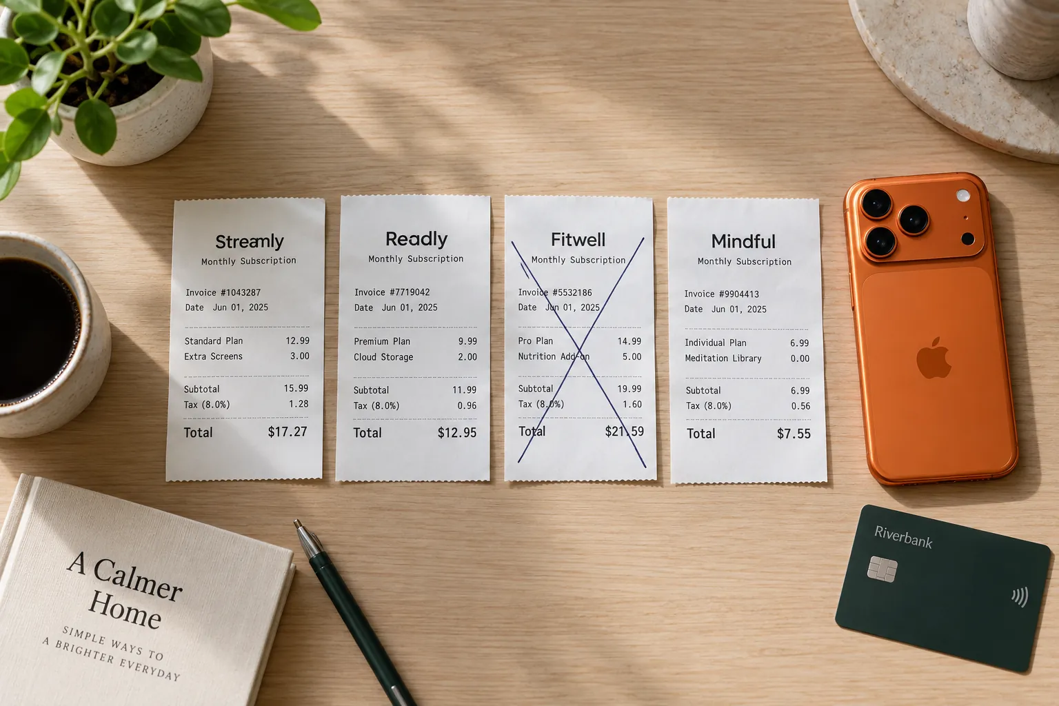 Seen from above: four printed subscription invoices in a row with names and amounts, one crossed out with a pen, and an iPhone 17 Pro in cosmic orange.