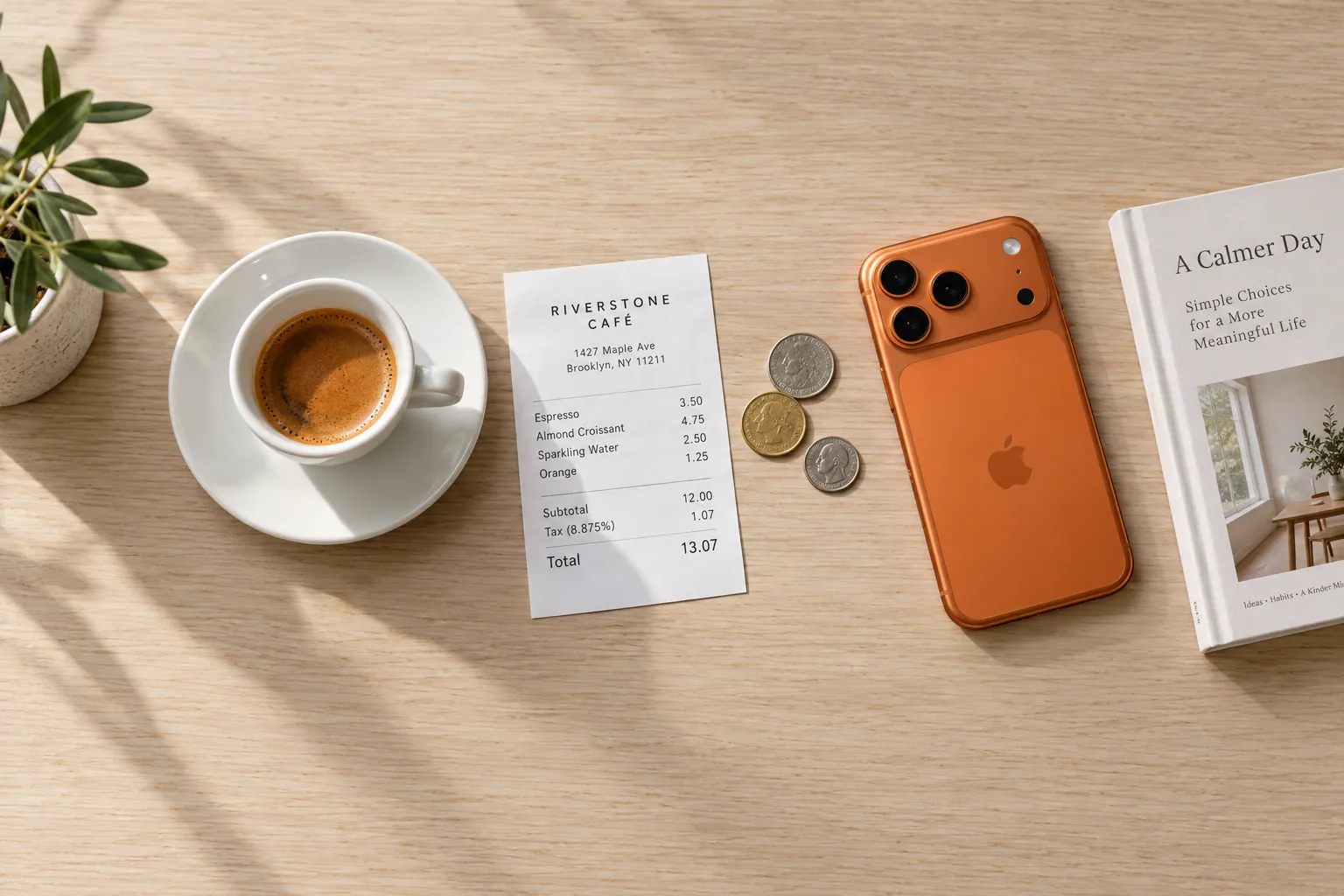 Seen from above: an espresso on its saucer, a crisp café receipt tucked beside it, a few coins and an iPhone 17 Pro in cosmic orange.